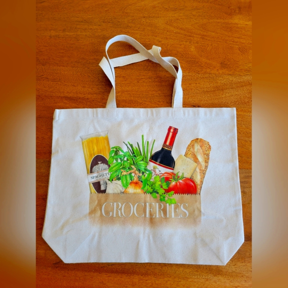 🛍️ Reusable Grocery Tote Bag – Canvas with Vintage Food Print